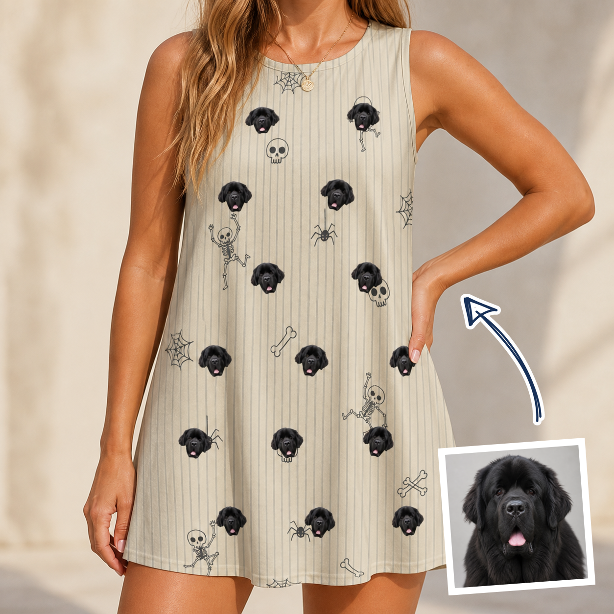 Woman wearing Women's Arachnid Antics Custom Dog Face Tank Dress — custom faces printed all-over