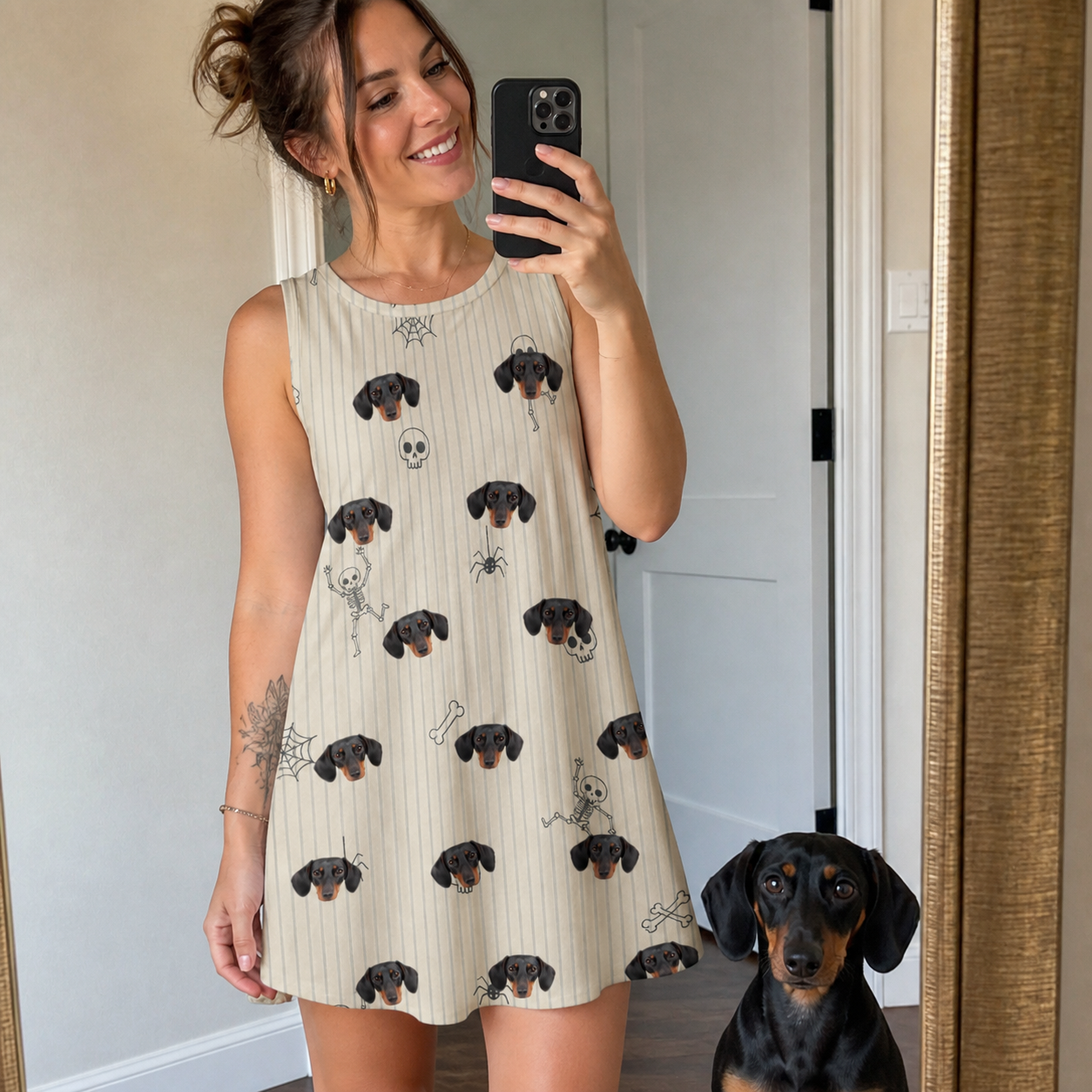 Selfie with the pet whose face is printed all over this Women's Arachnid Antics Custom Dog Face Tank Dress