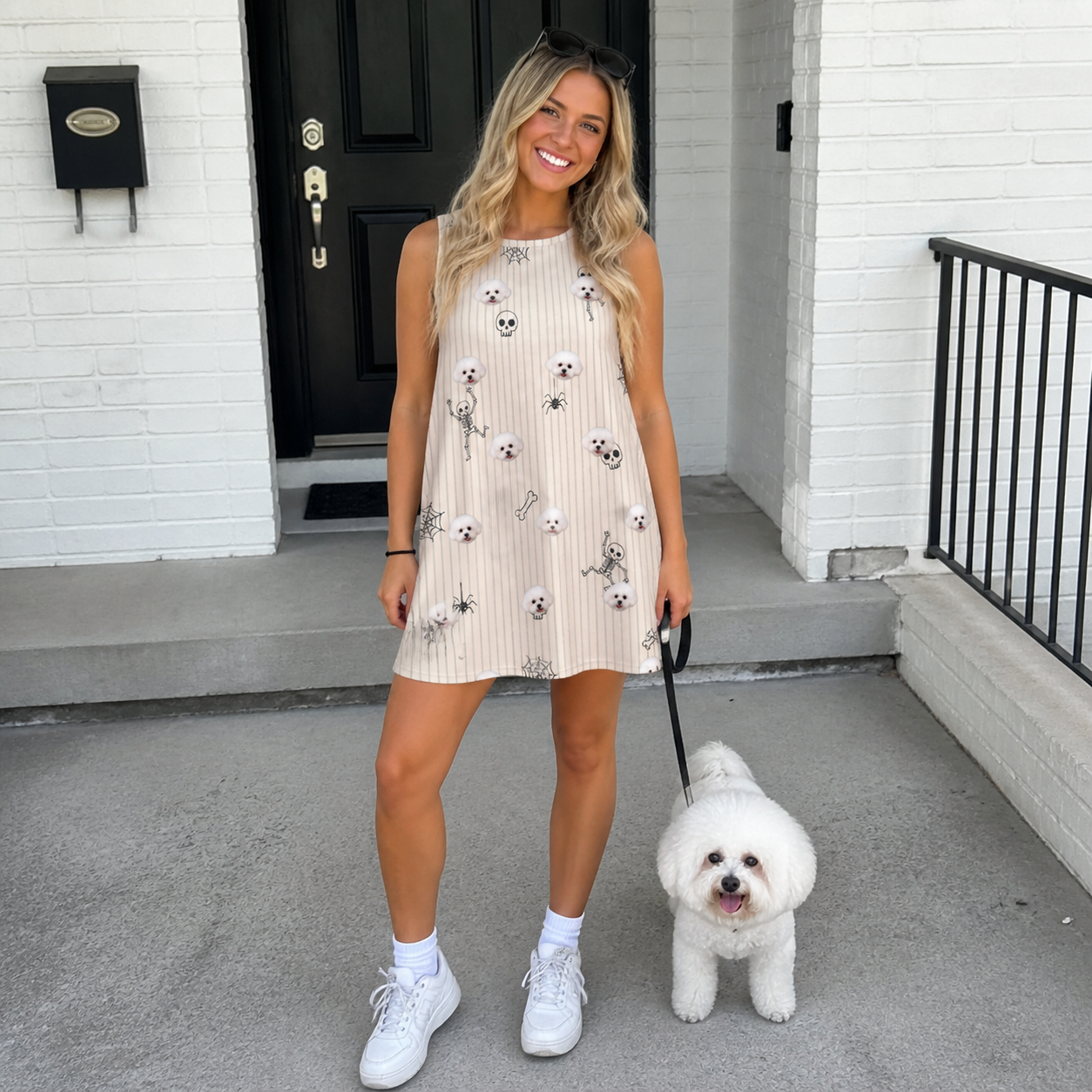 Full-length photo with the pet printed all over this Women's Arachnid Antics Custom Dog Face Tank Dress