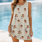 Model wearing Women's Arachnid Antics Custom Face Tank Dress printed with kids' faces
