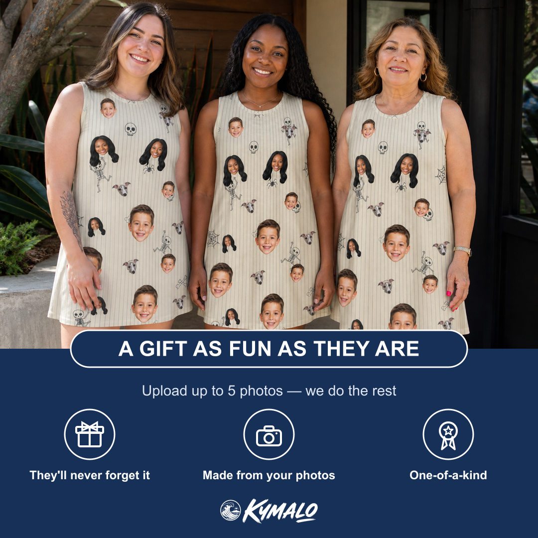 Friends in matching Women's Arachnid Antics Custom Face Tank Dress — a group gift photo