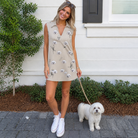 Full-length photo with the pet printed all over this Women's Arachnid Antics Custom Dog Face V-Neck Dress