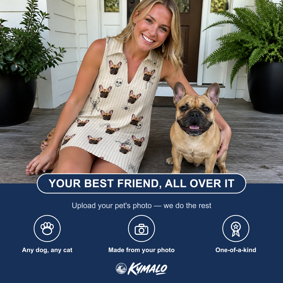 Friends in matching Women's Arachnid Antics Custom Dog Face V-Neck Dress — a group gift photo