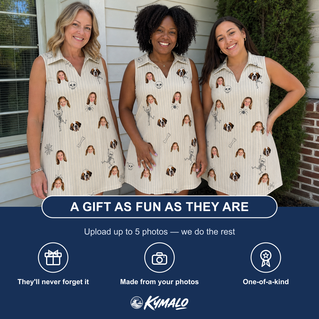 Friends in matching Women's Arachnid Antics Custom Face V-Neck Dress — a group gift photo