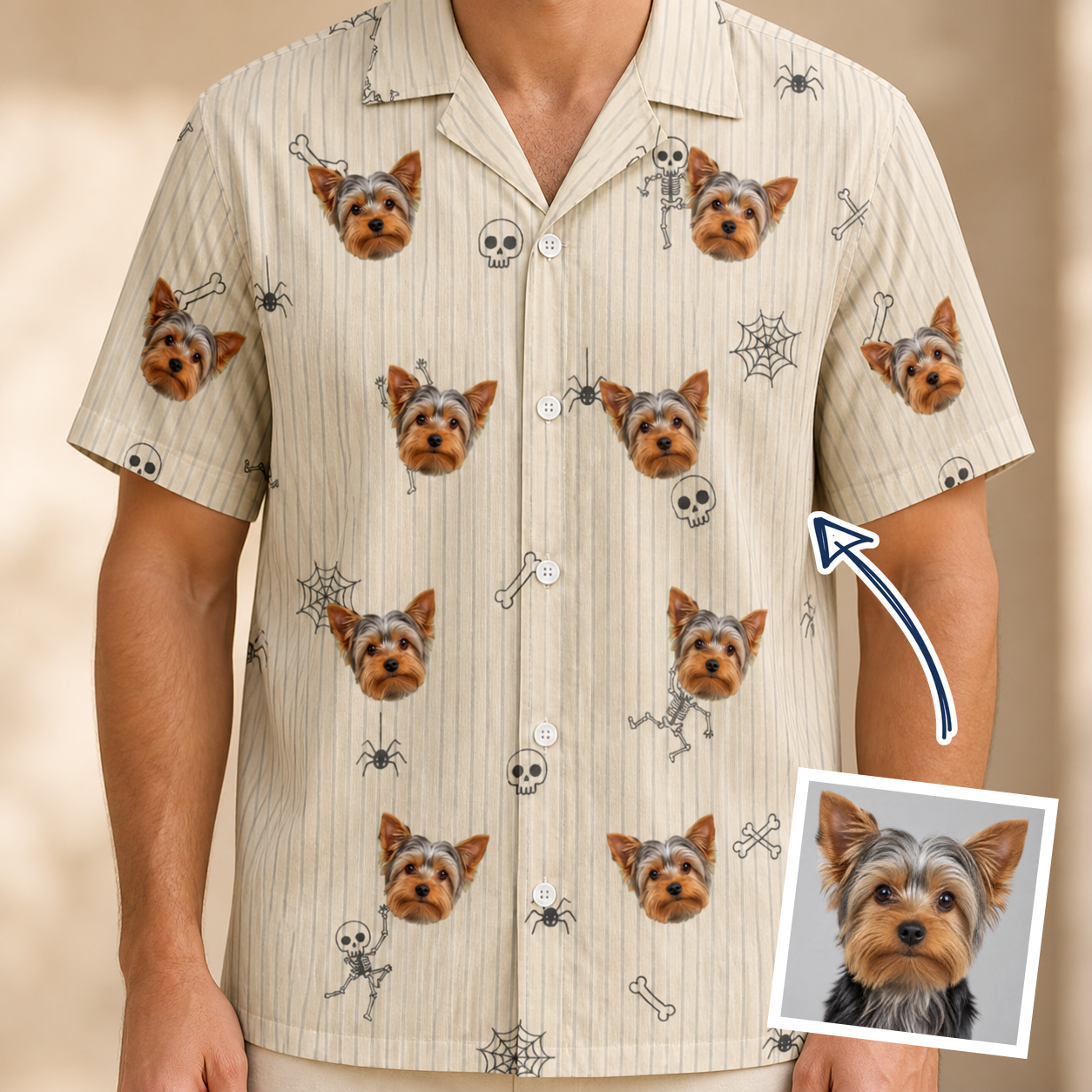 Man wearing Men's Arachnid Antics Custom Dog Face Hawaiian Shirt — custom faces printed all-over