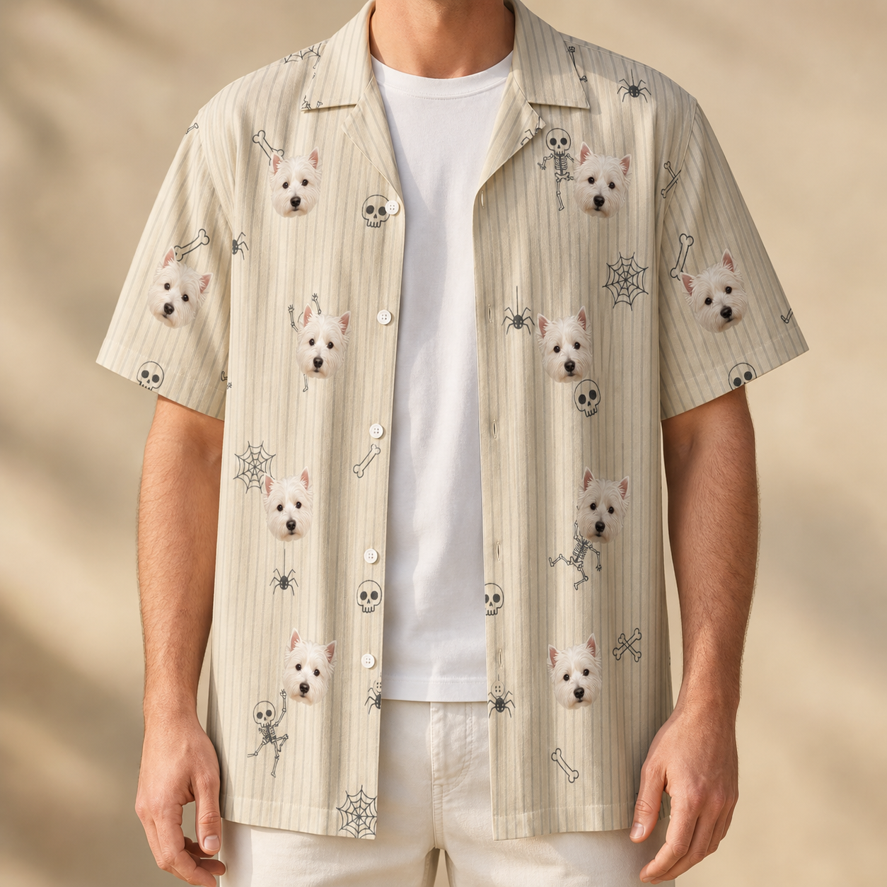 Man wearing Men's Arachnid Antics Custom Dog Face Hawaiian Shirt open over a white tee