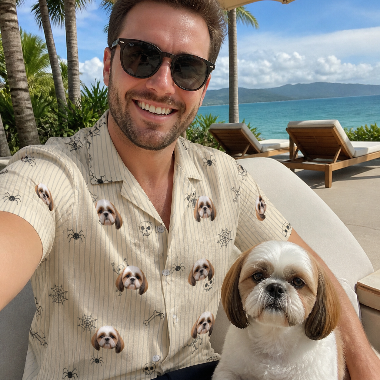 Selfie with the pet whose face is printed all over this Men's Arachnid Antics Custom Dog Face Hawaiian Shirt