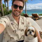 Selfie with the pet whose face is printed all over this Men's Arachnid Antics Custom Dog Face Hawaiian Shirt