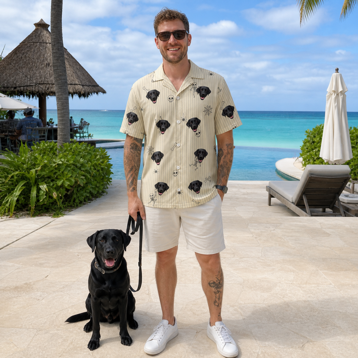 Full-length photo with the pet printed all over this Men's Arachnid Antics Custom Dog Face Hawaiian Shirt