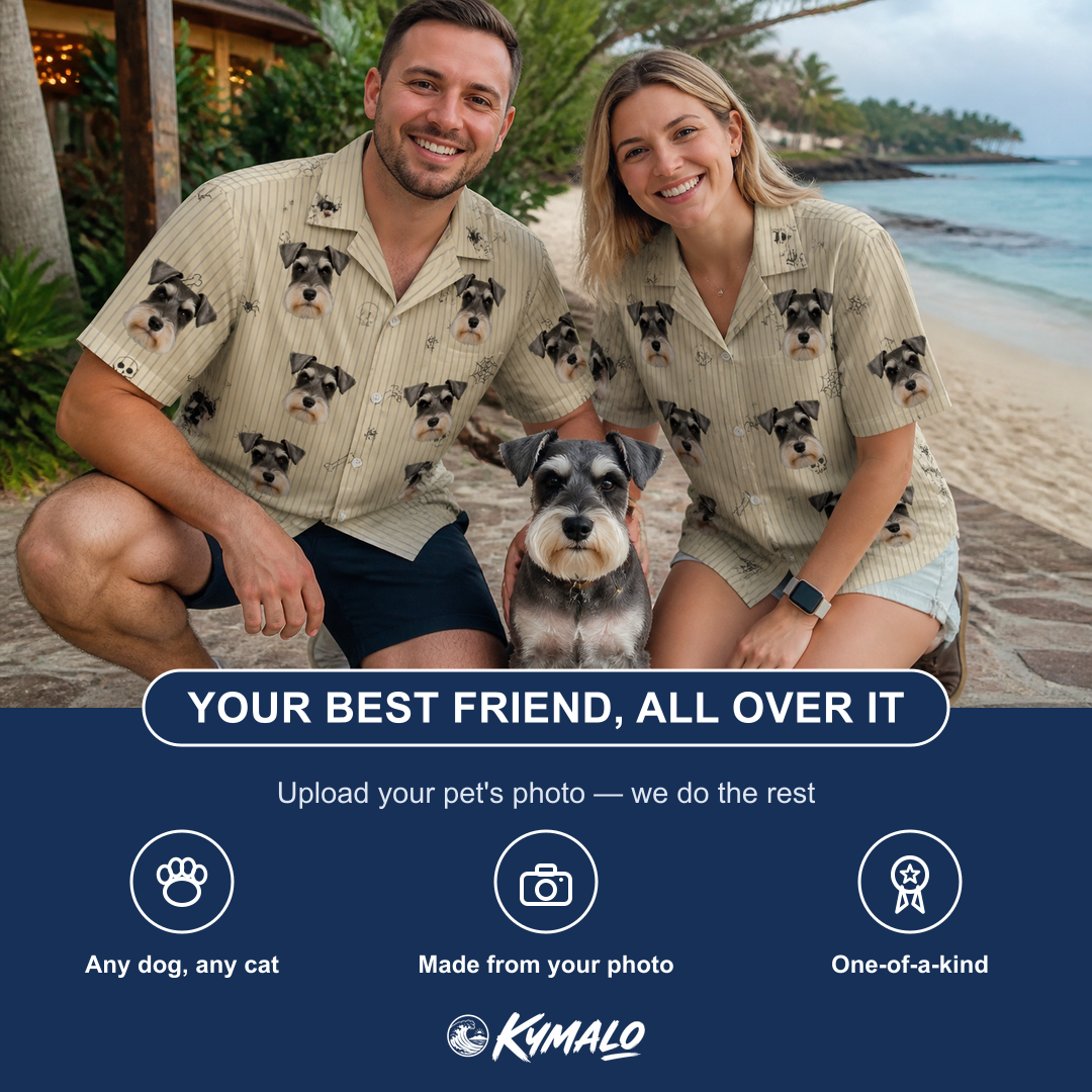 Friends in matching Men's Arachnid Antics Custom Dog Face Hawaiian Shirt — a group gift photo