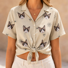 Woman wearing Women's Arachnid Antics Custom Cat Face Hawaiian Shirt tied at the waist