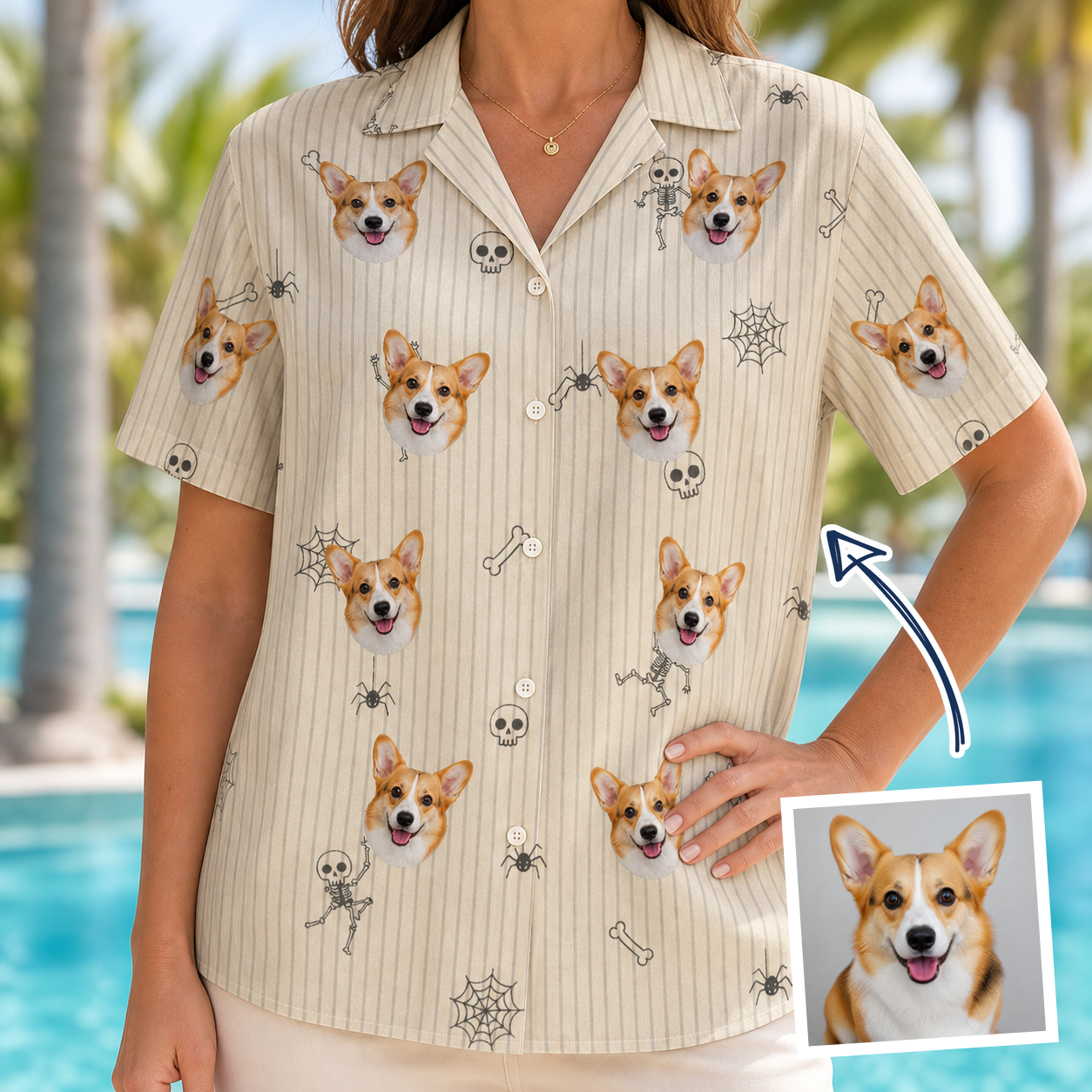 Woman wearing Women's Arachnid Antics Custom Dog Face Hawaiian Shirt — custom faces printed all-over