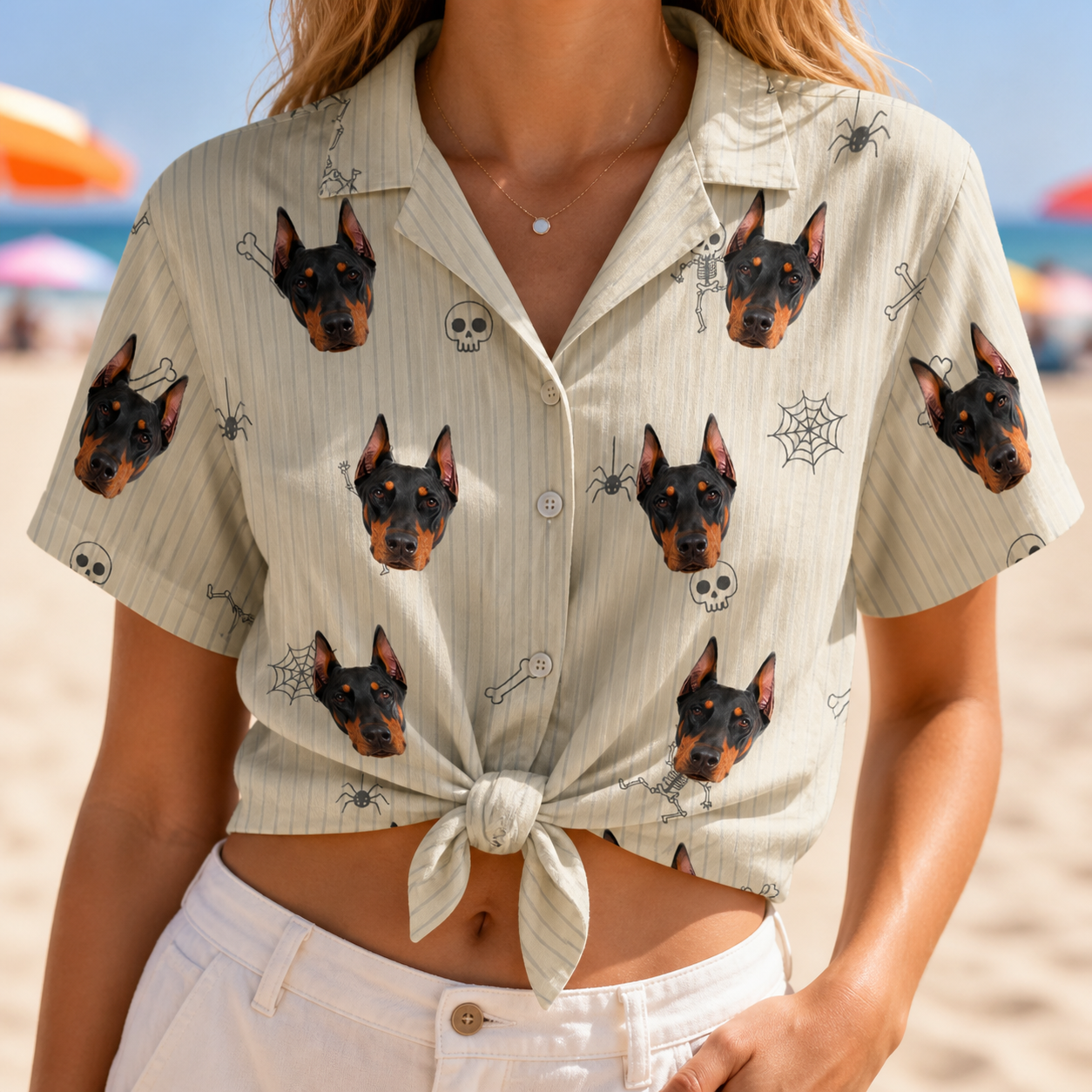 Woman wearing Women's Arachnid Antics Custom Dog Face Hawaiian Shirt tied at the waist