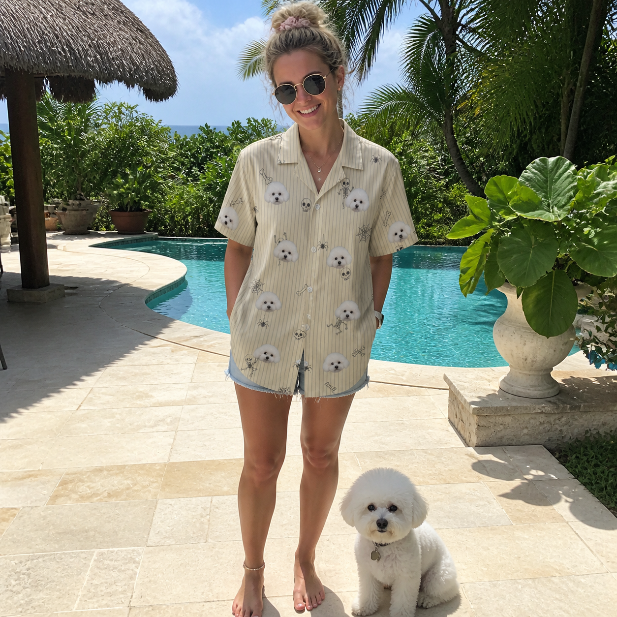 Full-length photo with the pet printed all over this Women's Arachnid Antics Custom Dog Face Hawaiian Shirt