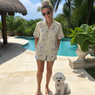 Full-length photo with the pet printed all over this Women's Arachnid Antics Custom Dog Face Hawaiian Shirt