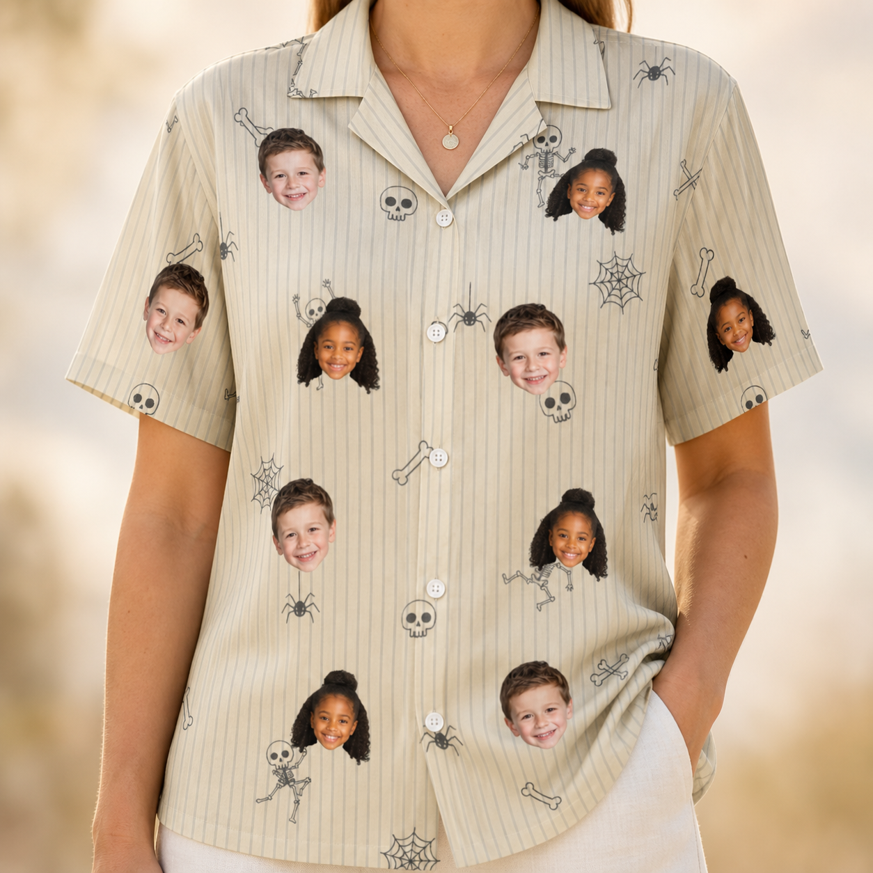 Model wearing Women's Arachnid Antics Custom Face Hawaiian Shirt printed with kids' faces