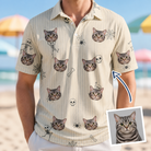 Man wearing Men's Arachnid Antics Custom Cat Face Polo Shirt — custom faces printed all-over