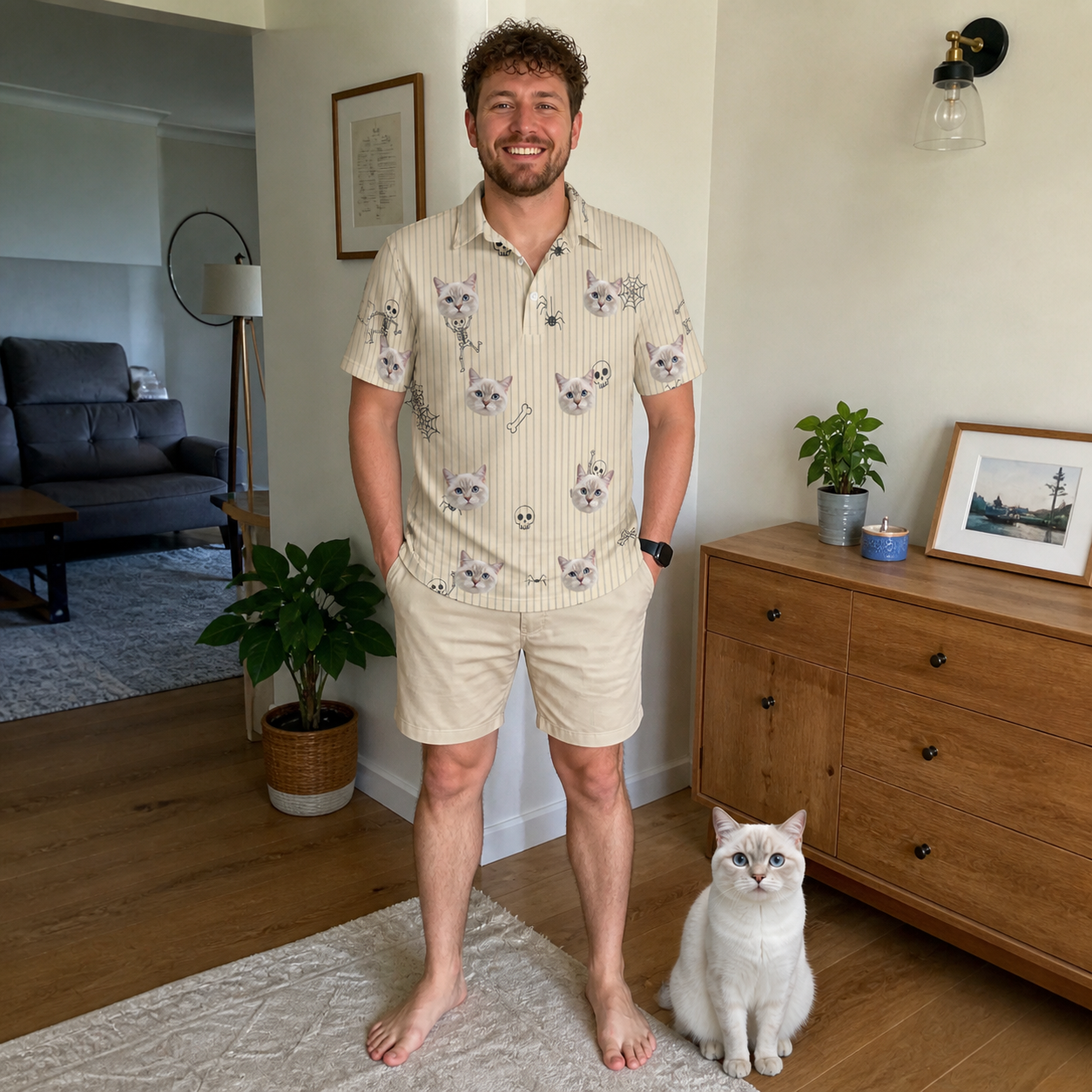 Full-length photo with the pet printed all over this Men's Arachnid Antics Custom Cat Face Polo Shirt
