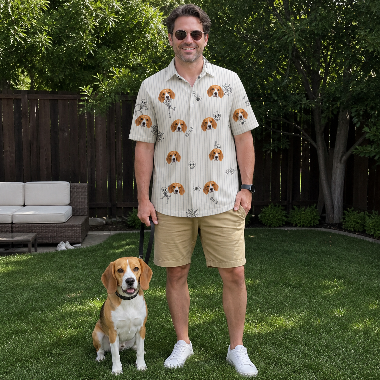 Full-length photo with the pet printed all over this Men's Arachnid Antics Custom Dog Face Polo Shirt