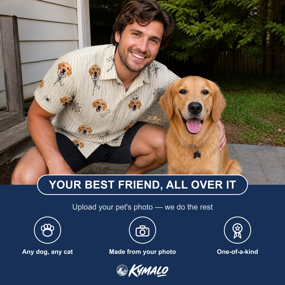 Friends in matching Men's Arachnid Antics Custom Dog Face Polo Shirt — a group gift photo