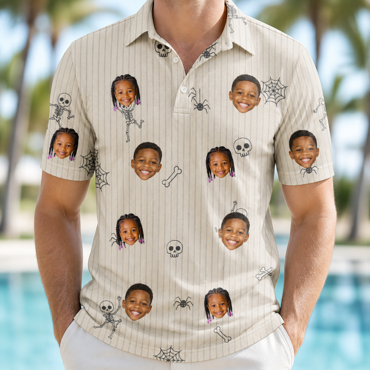 Model wearing Men's Arachnid Antics Custom Face Polo Shirt printed with kids' faces