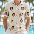 Model wearing Men's Arachnid Antics Custom Face Polo Shirt printed with kids' faces