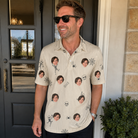 Real-life photo of someone wearing Men's Arachnid Antics Custom Face Polo Shirt — custom faces printed all-over