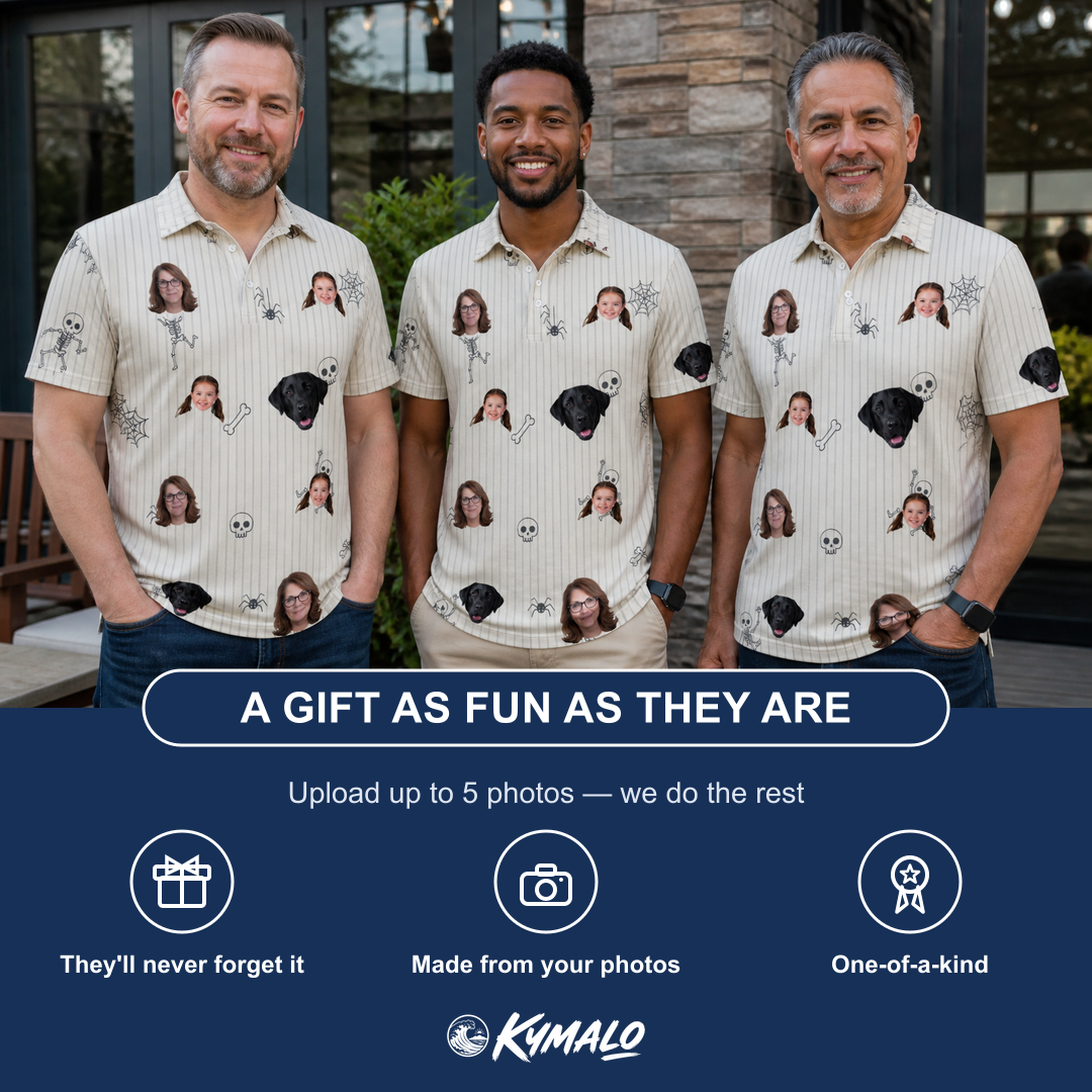 Friends in matching Men's Arachnid Antics Custom Face Polo Shirt — a group gift photo