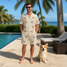 Full-length photo with the pet printed all over this Men's Arachnid Antics Custom Dog Face Shirt & Shorts Set