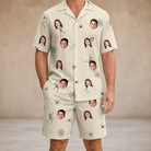 Model wearing Men's Arachnid Antics Custom Face Shirt & Shorts Set printed with kids' faces