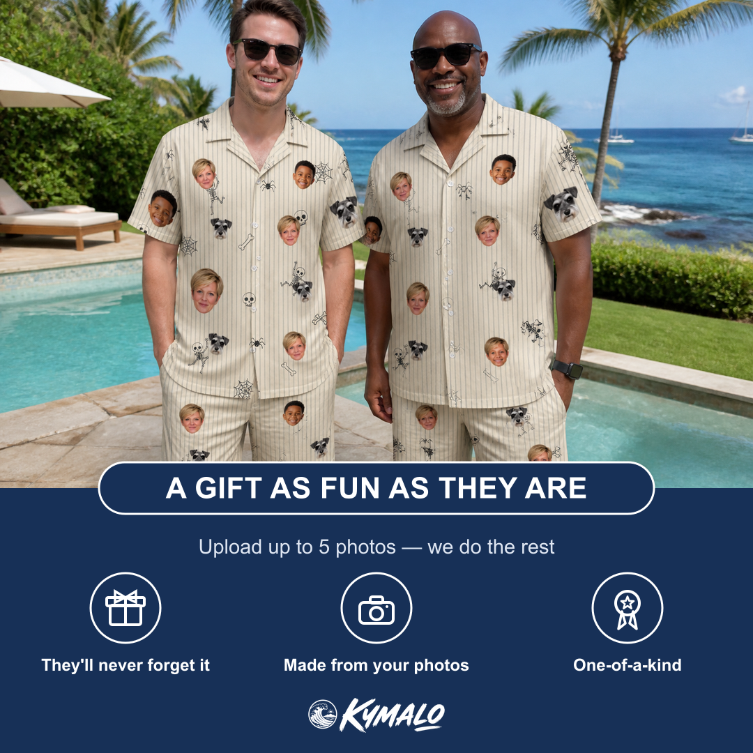 Friends in matching Men's Arachnid Antics Custom Face Shirt & Shorts Set — a group gift photo