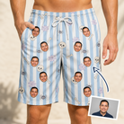 Man wearing Men's Graveyard Giggles Custom Face Beach Shorts — custom faces printed all-over