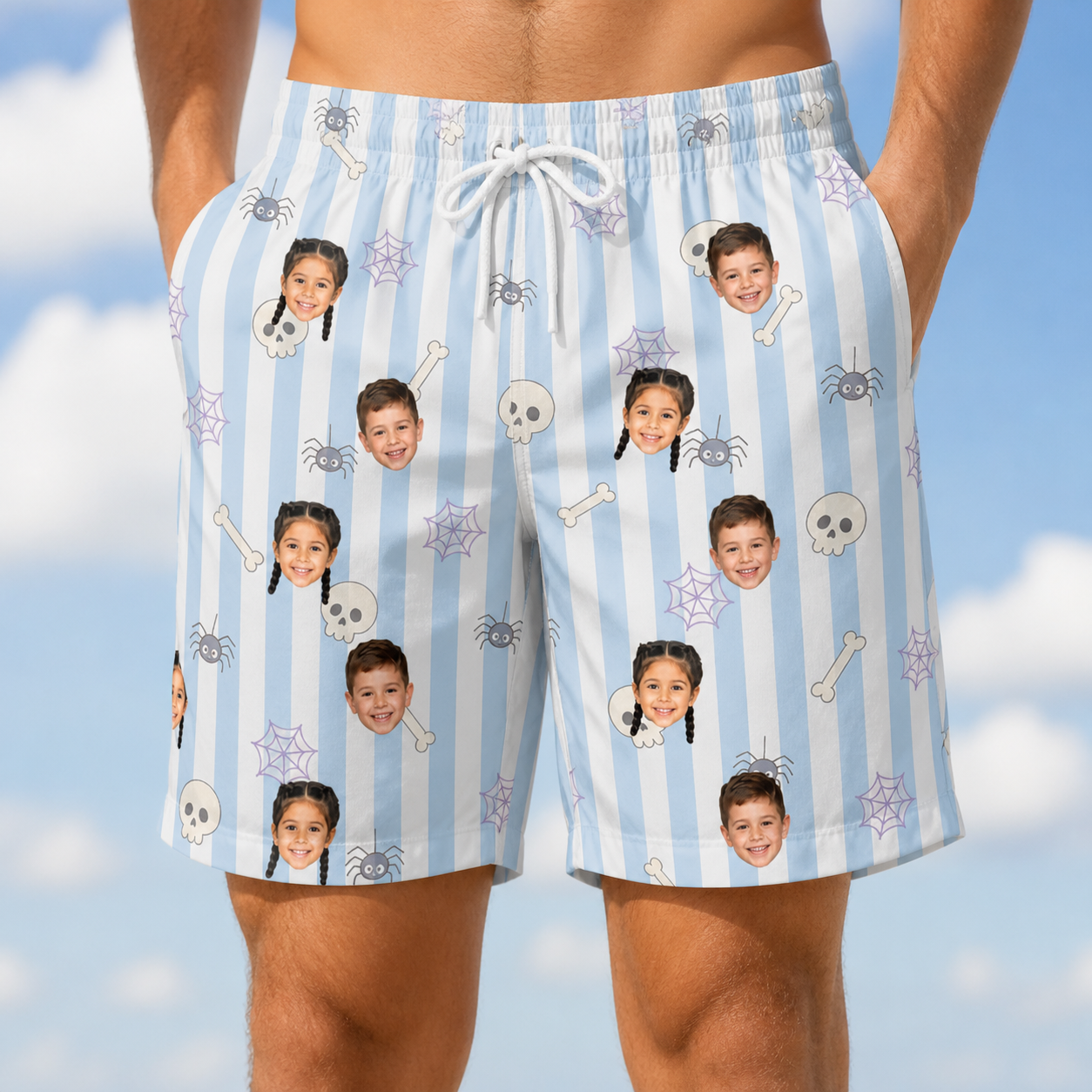 Model wearing Men's Graveyard Giggles Custom Face Beach Shorts printed with kids' faces