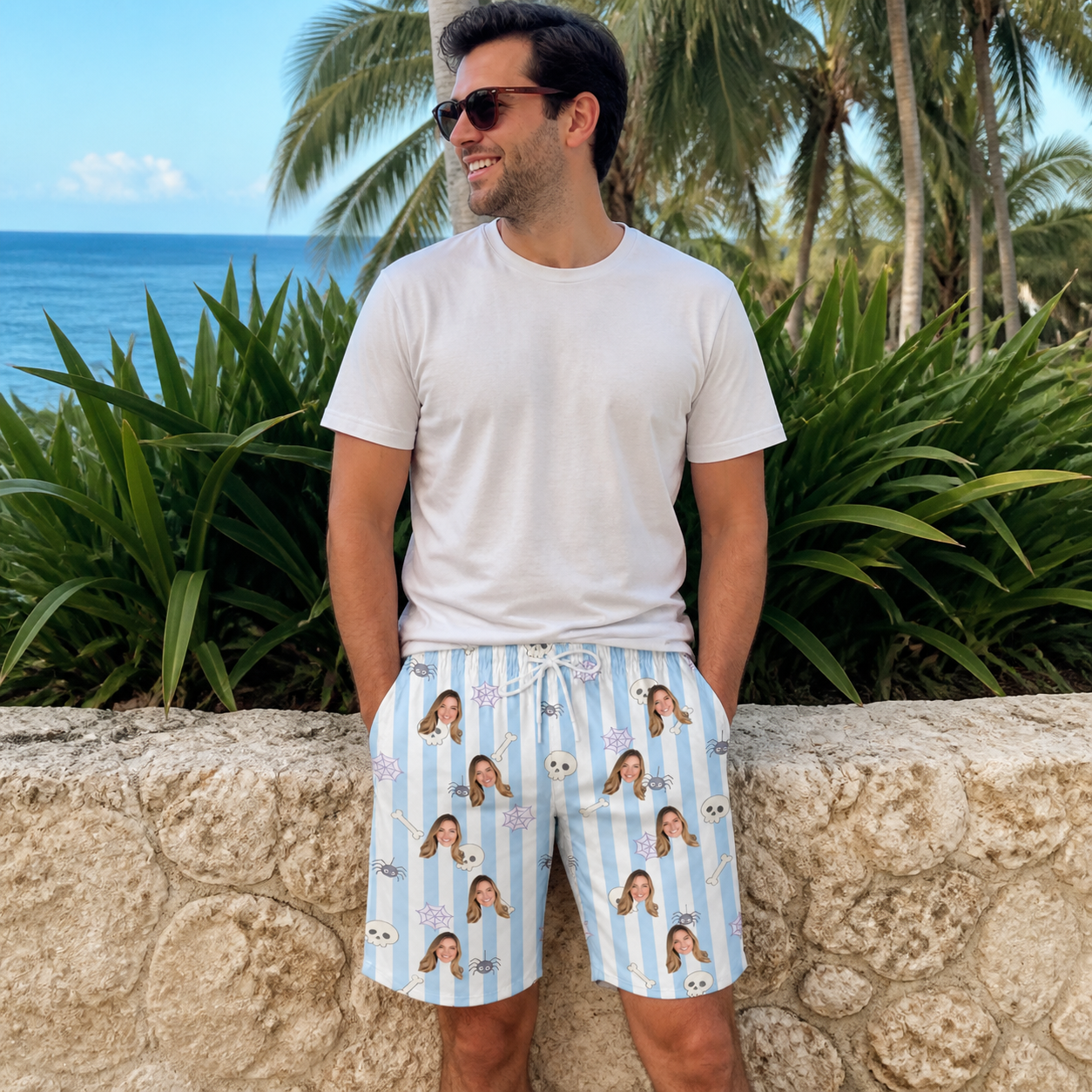 Real-life photo of someone wearing Men's Graveyard Giggles Custom Face Beach Shorts — custom faces printed all-over