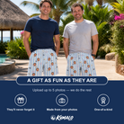 Friends in matching Men's Graveyard Giggles Custom Face Beach Shorts — a group gift photo