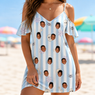 Model wearing Women's Graveyard Giggles Custom Face Off-Shoulder Dress printed with kids' faces