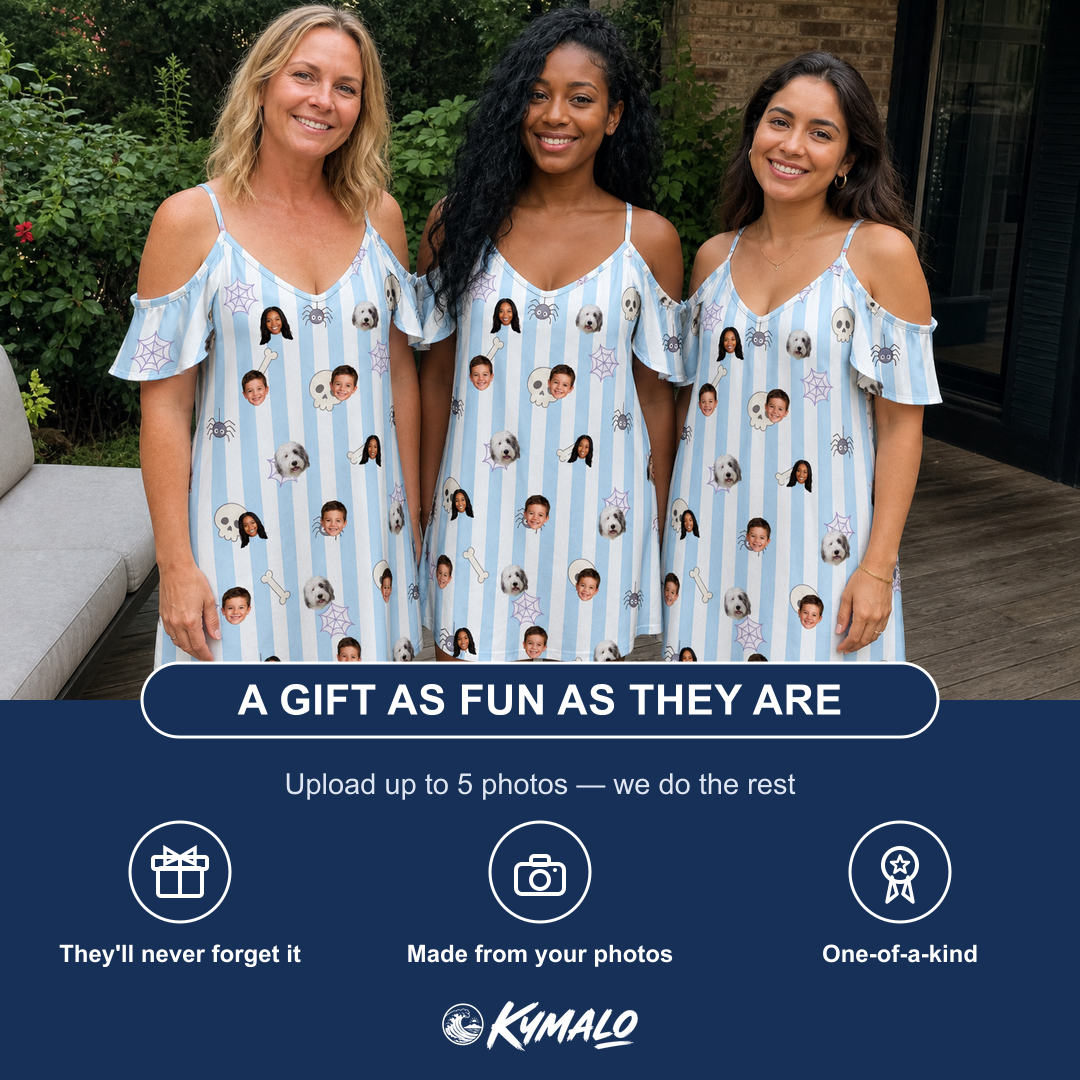 Friends in matching Women's Graveyard Giggles Custom Face Off-Shoulder Dress — a group gift photo