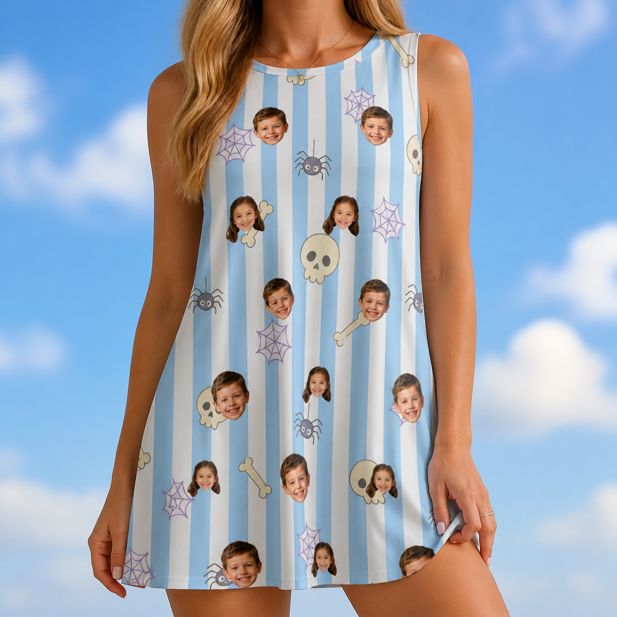 Model wearing Women's Graveyard Giggles Custom Face Tank Dress printed with kids' faces