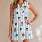 Model wearing Women's Graveyard Giggles Custom Face V-Neck Dress printed with kids' faces