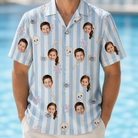 Model wearing Men's Graveyard Giggles Custom Face Hawaiian Shirt printed with kids' faces