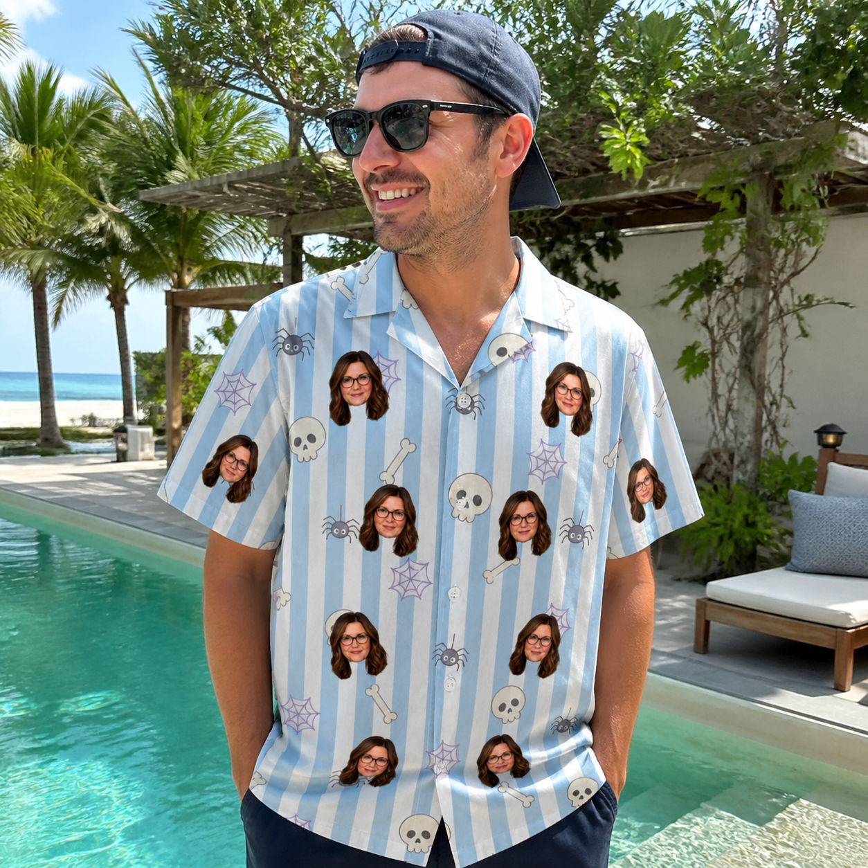 Real-life photo of someone wearing Men's Graveyard Giggles Custom Face Hawaiian Shirt — custom faces printed all-over