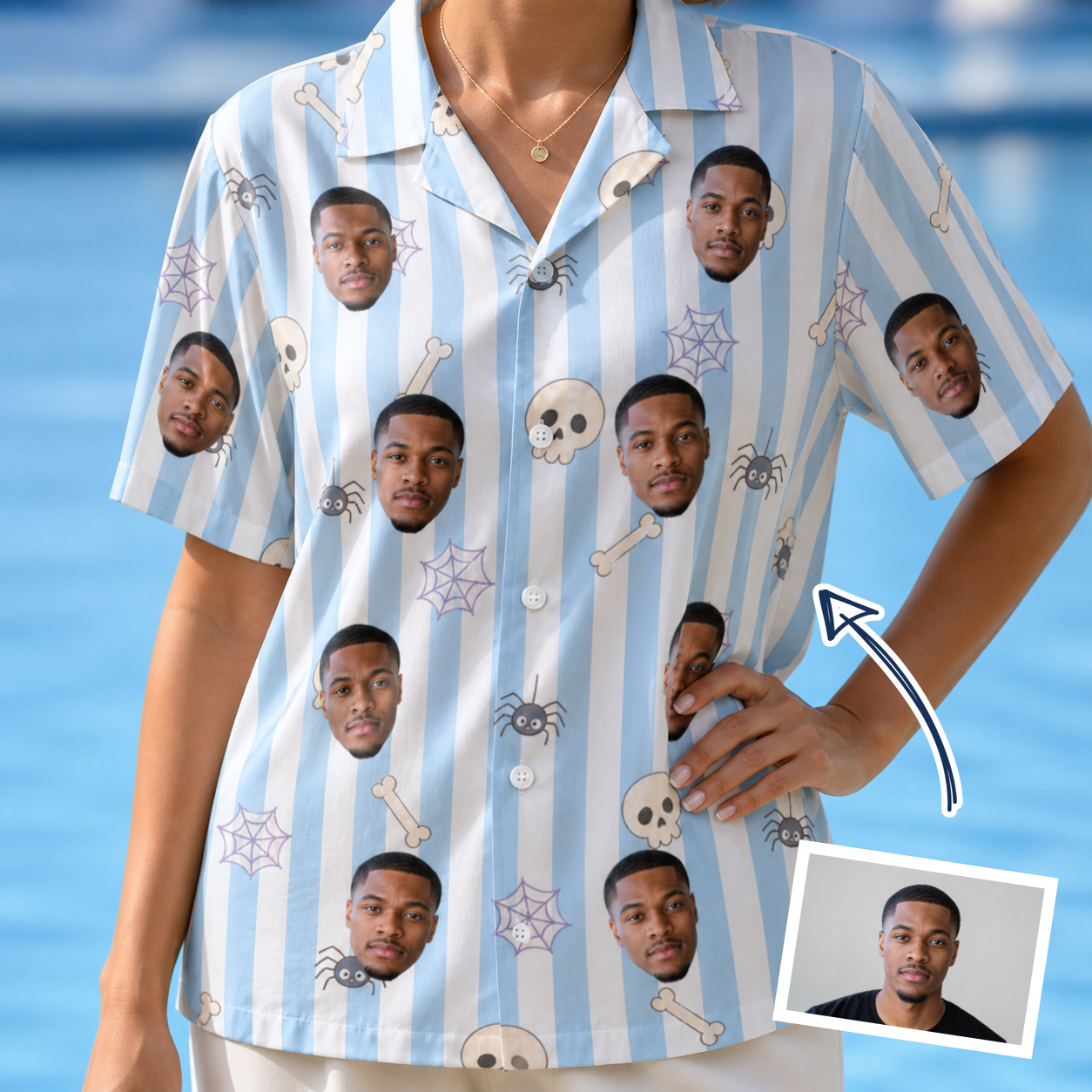 Woman wearing Women's Graveyard Giggles Custom Face Hawaiian Shirt — custom faces printed all-over