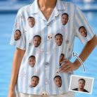 Woman wearing Women's Graveyard Giggles Custom Face Hawaiian Shirt — custom faces printed all-over