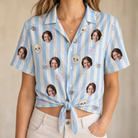 Woman wearing Women's Graveyard Giggles Custom Face Hawaiian Shirt tied at the waist