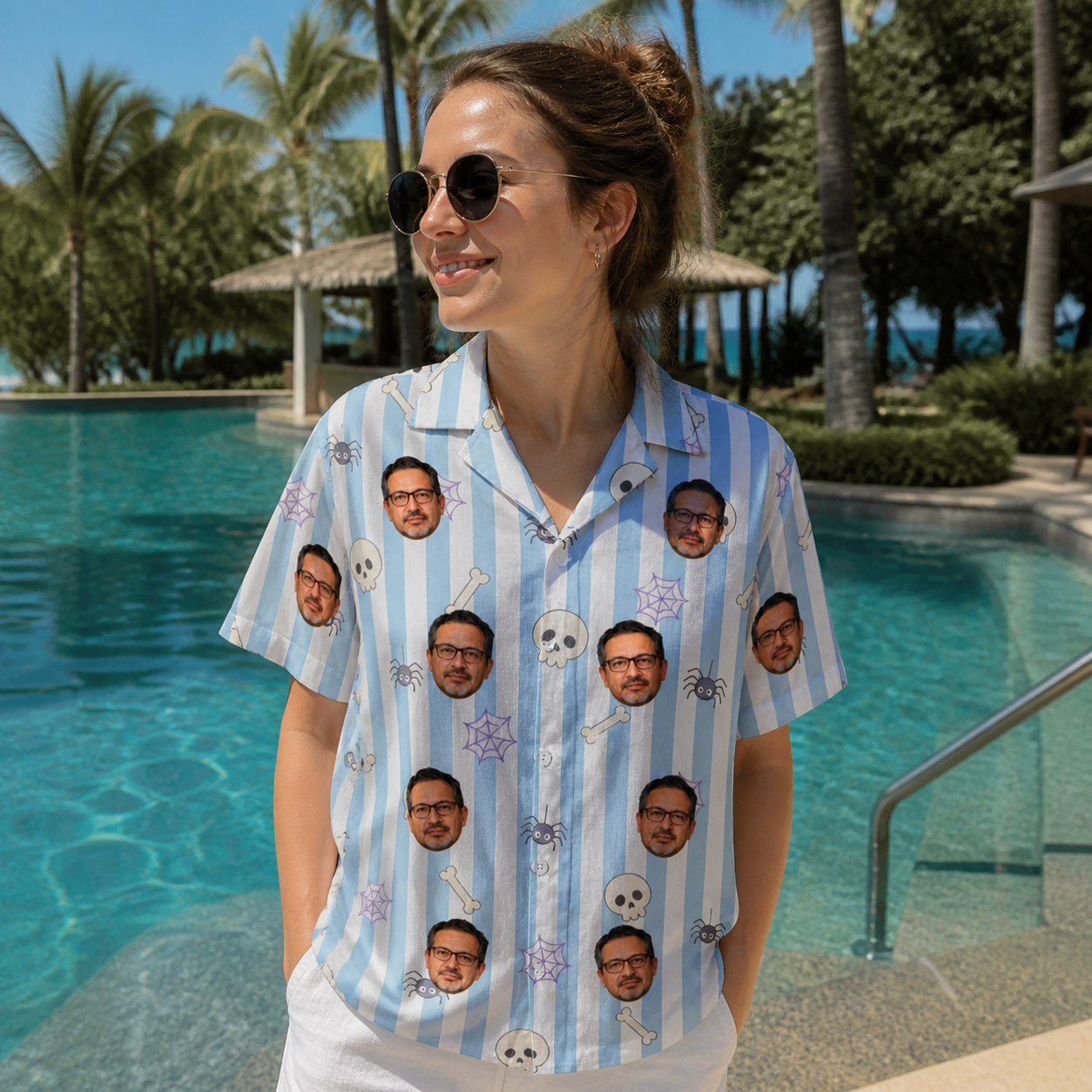 Real-life photo of someone wearing Women's Graveyard Giggles Custom Face Hawaiian Shirt — custom faces printed all-over