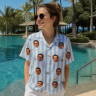 Real-life photo of someone wearing Women's Graveyard Giggles Custom Face Hawaiian Shirt — custom faces printed all-over