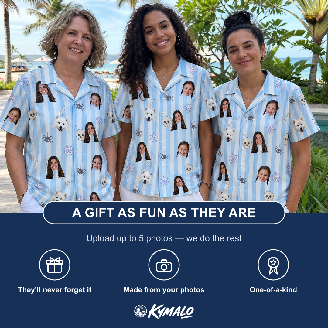 Friends in matching Women's Graveyard Giggles Custom Face Hawaiian Shirt — a group gift photo