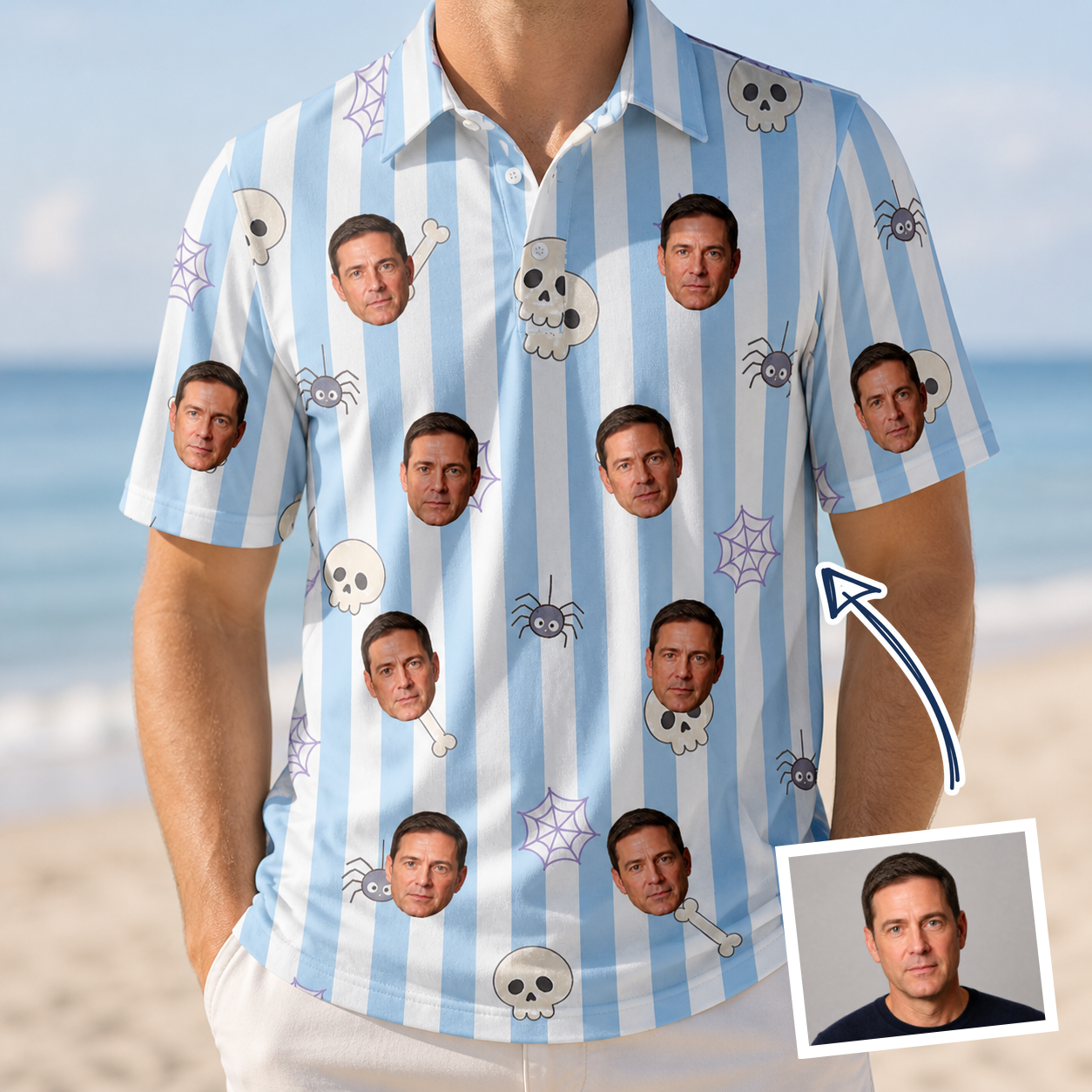 Man wearing Men's Graveyard Giggles Custom Face Polo Shirt — custom faces printed all-over