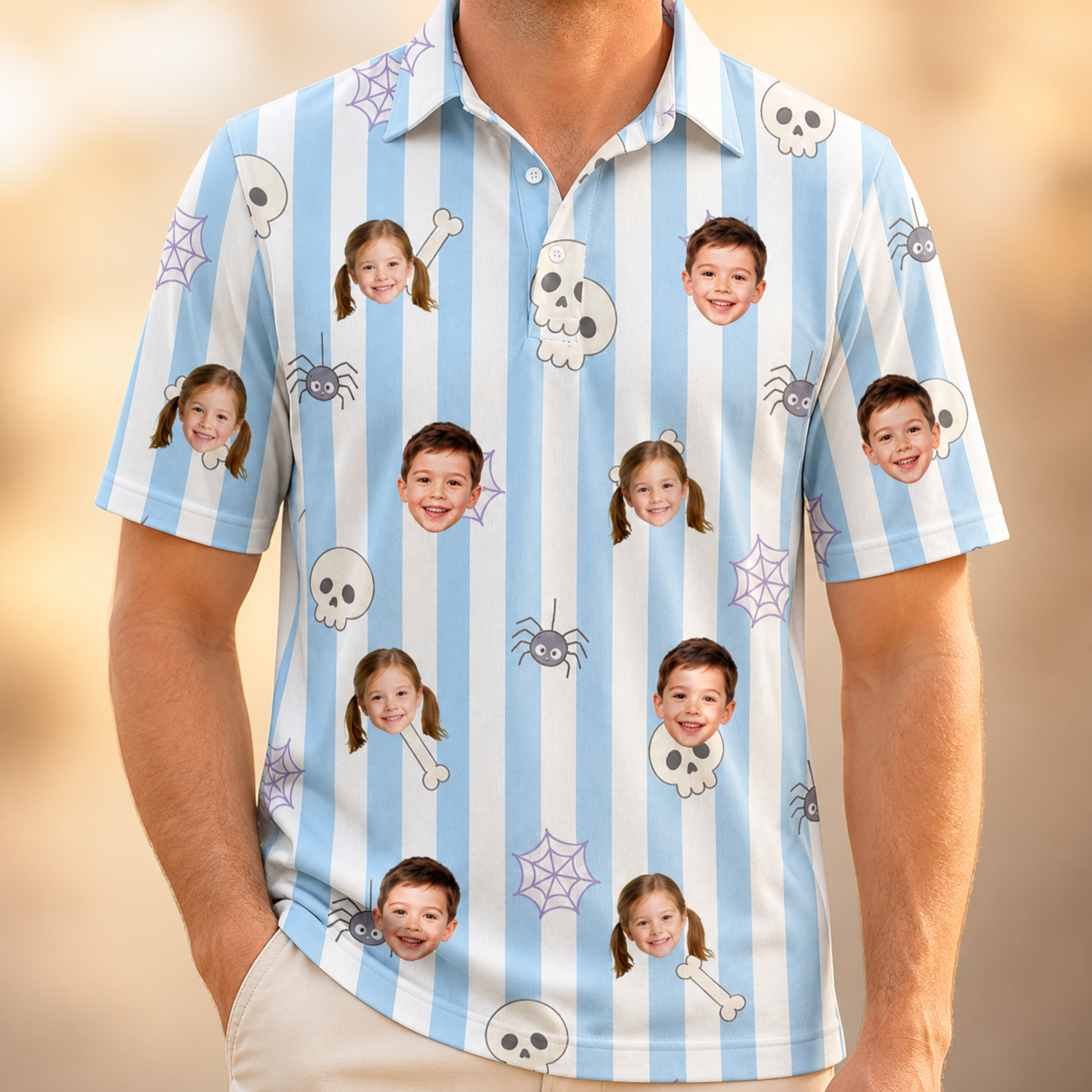 Model wearing Men's Graveyard Giggles Custom Face Polo Shirt printed with kids' faces