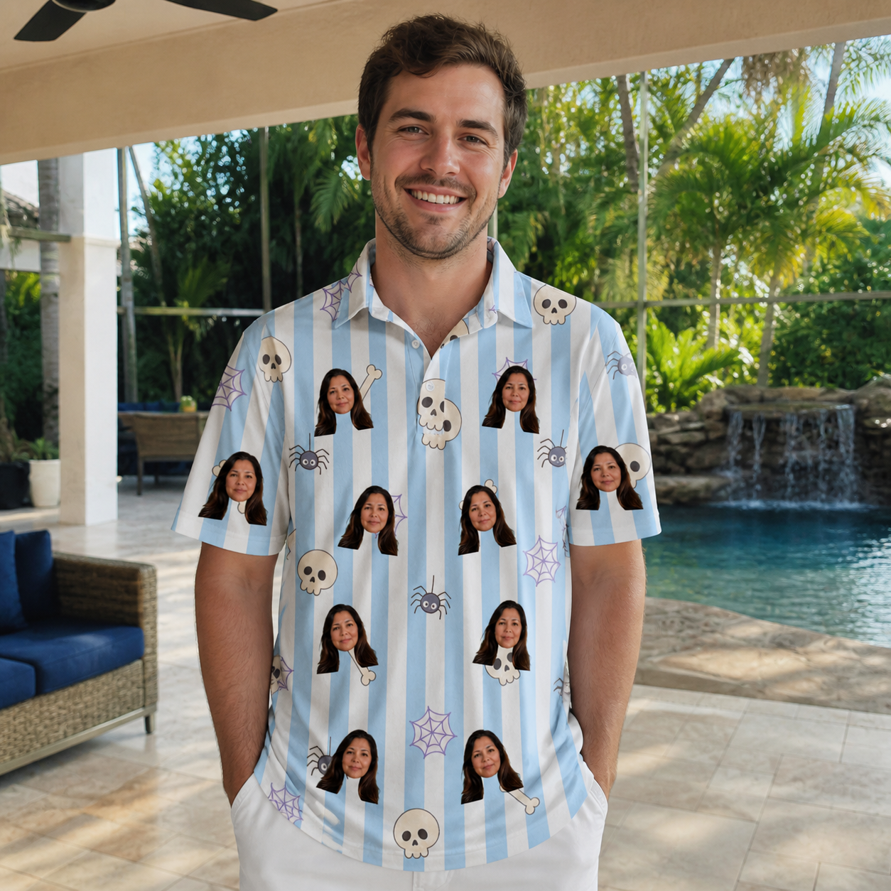 Real-life photo of someone wearing Men's Graveyard Giggles Custom Face Polo Shirt — custom faces printed all-over